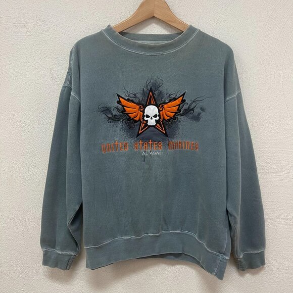 Vintage OARSMAN United States Marines Green Embroidered Skull Crewneck sz Medium - Picture 1 of 5